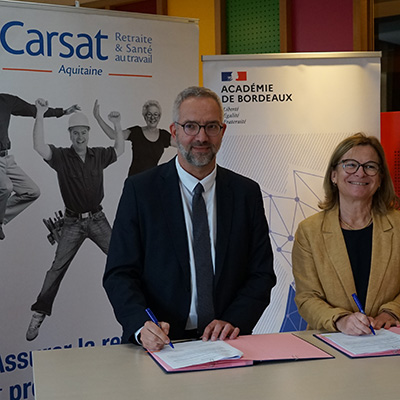 Signature de la Convention en présence d'Anne Bisagni, Rectrice de l'Académie de Bordeaux, et Damien MAURICE, Directeur de la CARSAT Aquitaine
