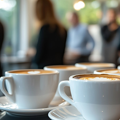 Deux tasses de café avec des personnes en fond
